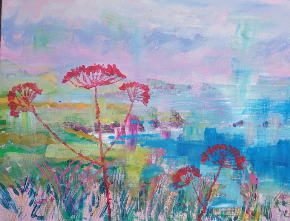Expressive pink coastal flowers against a turquoise sea and lilac sky